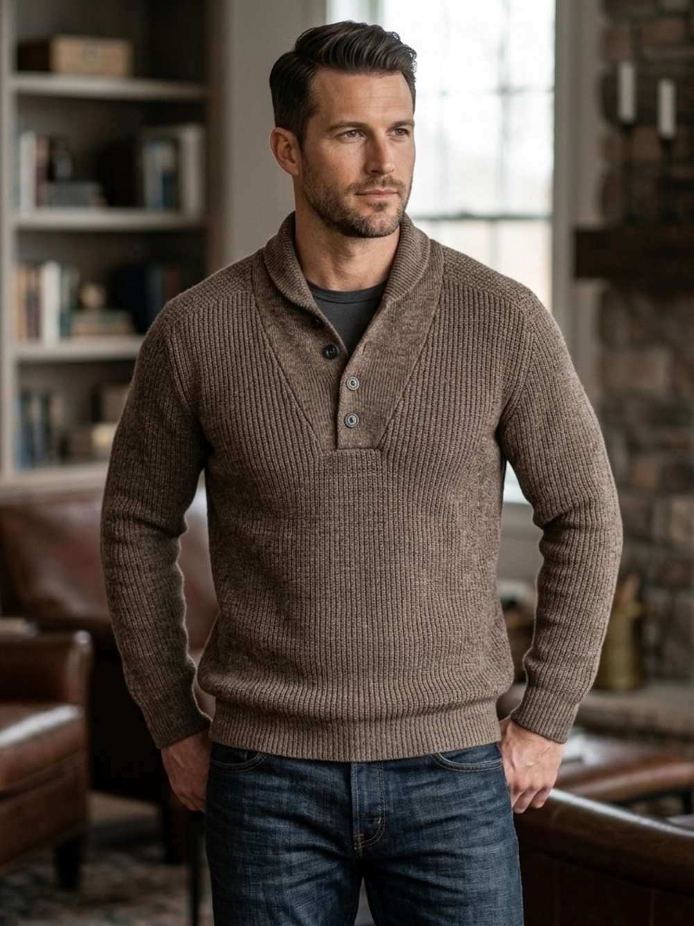 Eddie Bauer Men's Brown Shawl-Collar Pullover Size Large